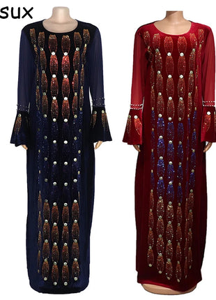 African Party Dresses For Women 2025 Elegant Beading Sequins Velvet Maxi Dress African Clothes Robe Africaine Femme High Quality