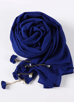 Fashion Flowers Pearl Tassel Chiffon Long Scarf Hijabs Elegant Womens Party Turban Headwear Solid Color Headscarf Shawls Scarves