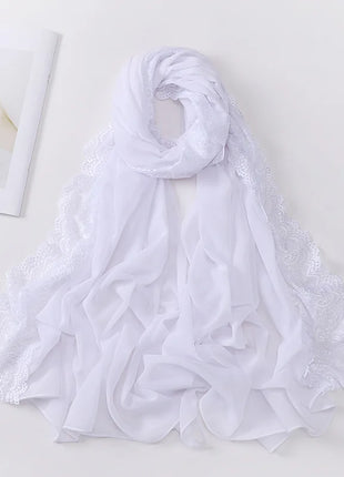 Women Hijabs Muslim Scarf Summer New Pearl Chiffon Lace Solid Color Lady Head Scarf Malaysia Tourism Shawl Turban Wrap Wholesale