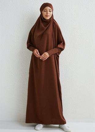 Muslim Abaya Hooded Smocking Sleeve One-piece Prayer Dress Women Jilbab Islamic Clothing Dubai Saudi Black Robe Turkish Modesty