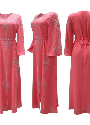 Women's Long Sleeve Polyester Abaya — Diamond Detail V-Neck Dress