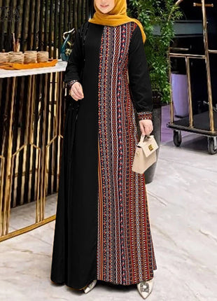 ZANZEA Women Ethnic Printed Panels Maxi Dress Long Sleeve Hijab O Neck Muslim Islamic Patchwork Vestidos Loose Casual Abaya Robe