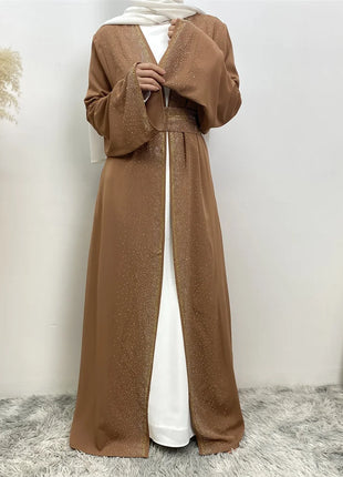 Hot Selling Ramadan Rhinestone Cardigan Islamic Dresses With Pockets Kebaya Muslim Kimono Abaya Dubai Modest Clothing Women EID