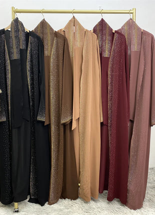 Hot Selling Ramadan Rhinestone Cardigan Islamic Dresses With Pockets Kebaya Muslim Kimono Abaya Dubai Modest Clothing Women EID