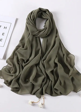 Fashion Flowers Pearl Tassel Chiffon Long Scarf Hijabs Elegant Womens Party Turban Headwear Solid Color Headscarf Shawls Scarves