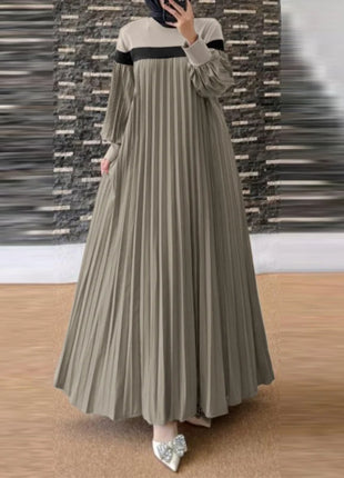 ZANZEA Autumn Women Muslim Dress Turkey Abaya Elegant Long Lantern Sleeve Patchwork Sundress Pleated Vestidos Islamic Dubai Robe