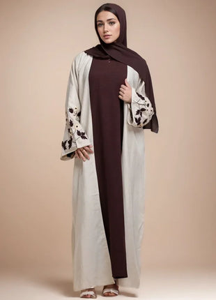 Apricot Color Muslim Abaya Boasting Exquisite Floral Cuff Embroidery Blending Timeless Elegance and Fashion for Ramadan Islamic