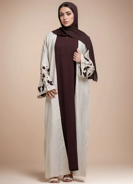 Apricot Color Muslim Abaya Boasting Exquisite Floral Cuff Embroidery Blending Timeless Elegance and Fashion for Ramadan Islamic