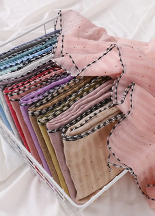 New Designs Cotton Linen hajib Scarf Stripe Islamic Ladies Head Scarf Headwear Lace Malaysian Women's Scarves Ramadan Turban