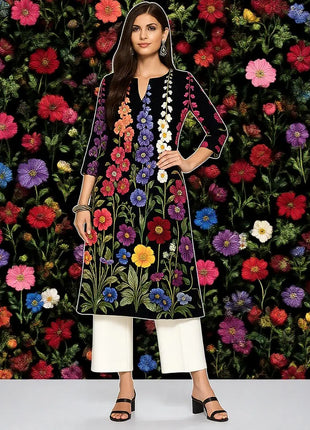 Muslim Dress Kurt Women's Fashionable And Elegant Long Sleeved Straight Tube Casual Flowers Pattern Robe Traditionnelle Arabe