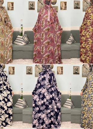 Muslim Cotton Abayas For Women Traditional Floral Ramadan Prayer Garment African Caftan Marocain Femme Robe Connected Headscarf