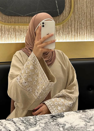 Linen Flower Embroidered Abaya 2024 Luxury Elegant Muslim Retro Kaftan Modest Dresses for Women Islam Clothing for Women Kebaya