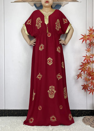 New African Abaya Women Elegant Dress Collect Waist Straight Cotton Embroider Dress Loose Caftan Femme Clothing Islamic Dresses