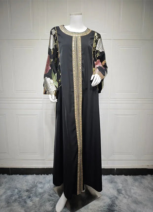 Ramadan Muslim Women's Gold Stamping Petal Sleeve Abaya O-Neck Stripe Dubai Dresses For Women Gala