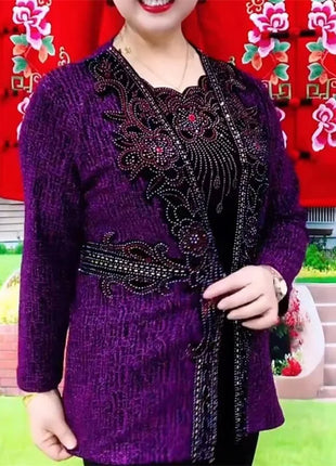 Spring Autumn New Mother's Fake Two piece T-shirts Large Size Embroidered O-Neck Women Shirts High End Hot Diamond Tees Tops