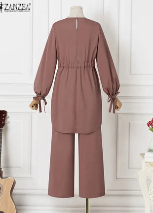 ZANZEA Muslim Women Matching Sets Long Sleeve Solid Color Tops And Loose Pant Suits Elegant Fashion Casual Tracksuit Kaftan 2025