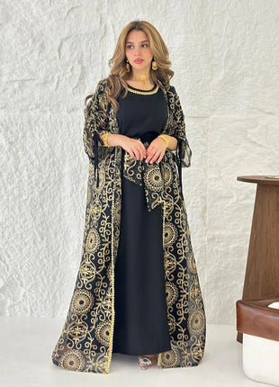 Charming Light Blue Two Piece Abaya Set Gold Patterned Outer Robe Belted Mint Inner Dress for Islamic Ramadan in the MIddle East
