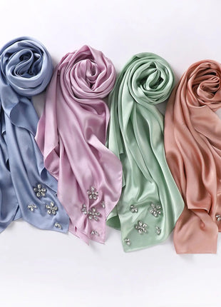 New Bubble Chiffon Hijab Scarf Handmade Flower Beaded Anchor Satin Silk Scarf  Hijabs for Women Turban Femme Ramadan Islamic