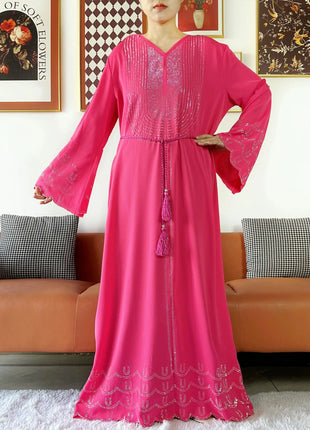 New 2025 Dubai Diamonds Muslim Women Modest Dress Elegant Arabic Femme Hijab Long Sleeve Chiffon Abaya Islamic Turkey Clothing