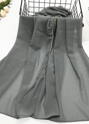 High Quality Rhinestone Chain Pearl Chiffon Long Scarf Hijabs Elegant Dubai Muslim Womens Party Wrapped Turban Shawls Headwear