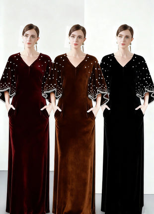 2026 French Style Women's Solid Color V-Neck Long Dress - Heavy Duty Beaded Velvet Elegant Fashionable Dress for Export