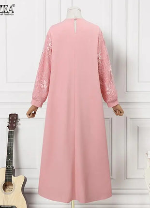 Autumn Muslim Fashion Long Dress ZANZEA Women Long Sleeve O Neck Vestidos Dubai Kaftan Maxi Sundress Robe  Elegant Lace Abaya