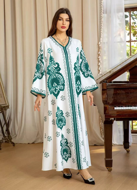 Long Dress Abayas Women Eid Muslim Dresses Bronzing Print V Neck Jalabiya Arab Morocco Dubai Kaftan 2025 Vestidos Ramadan Robe