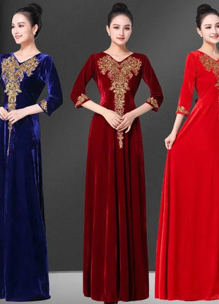 Ladies Golden Velvet Choral Performance Costumes Women Performance Costume Long Dresses Autumn Female Large Size 6XL Maxi Dress