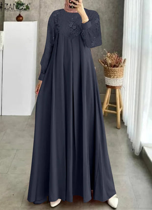 Autumn Muslim Fashion Long Dress ZANZEA Women Long Sleeve O Neck Vestidos Dubai Kaftan Maxi Sundress Robe  Elegant Lace Abaya
