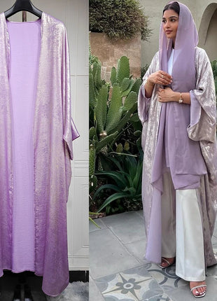 Shiny Satin Open Kimono Abaya 2025 Ramadan Dubai Luxury Muslim Kaftan Dress for Women Islam Clothing Robe Femme Musulmane