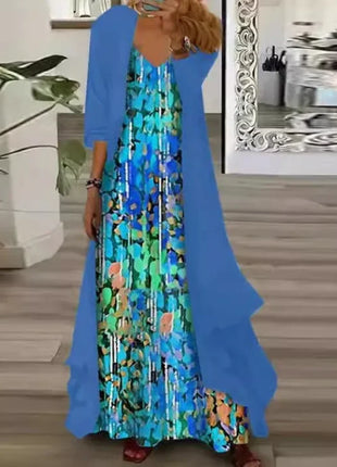 Independent Stand Floral Print Women's Dress Two-Piece Set Short Sleeve Ankle-Length Polyester Fiber Regular Waist Line