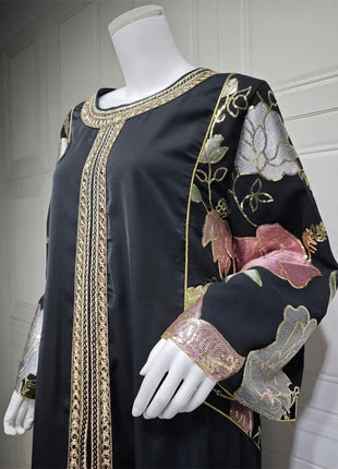 Ramadan Muslim Women's Gold Stamping Petal Sleeve Abaya O-Neck Stripe Dubai Dresses For Women Gala