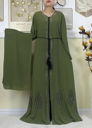 2024 Muslim Abaya For Women Long Sleeved Chiffon Diamonds Loose Fit Femme Robe Islam Maxi Dubai Fashion Party Dresses With Scarf