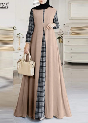 ZANZEA Women Patchwork Muslim Dress Fashion Abaya Robe Femme IsIamic Vestidos Kaftan Spring Long Sleeve Plaid Checked Sundress
