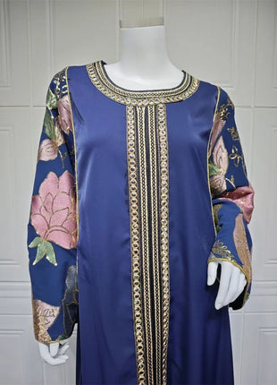 Ramadan Muslim Women's Gold Stamping Petal Sleeve Abaya O-Neck Stripe Dubai Dresses For Women Gala