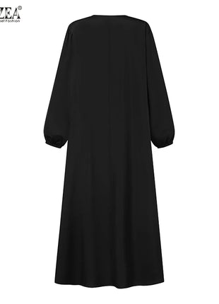 ZANZEA Solid Muslim Fashion Islamic Dress Women's Vintage Turkey Abaya Robe Long Sleeve Hijab O Neck Pleated Loose Kebaya 2025