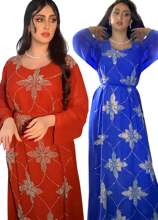 Eid Morocco Party Dress Women Muslim Abaya Diamond Ramadan Chiffon Dubai Abayas Kaftan Elegant Robe Vestidos Turkey Gown 2023