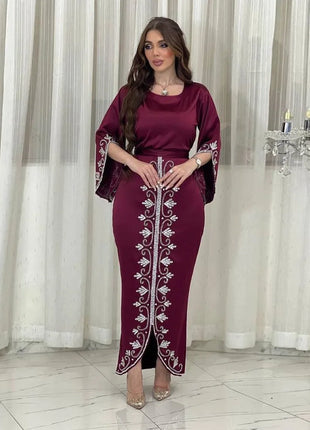 Elegant Satin Evening Gown Muslim Dress Women Abaya Long Sleeve Turkish Dresses Stylish Diamond Women Maxi Dress Dubai Kaftan