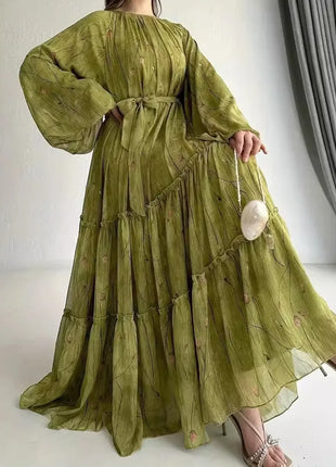 Eid Muslim Abaya Dress for Women Print Chiffon Sashes Jalabiya Kaftan Islam Vestidos Largo Arab Long Robe Ramadan Morocco Abayas