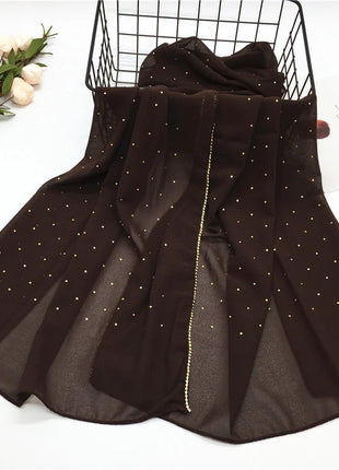 High Quality Rhinestone Chain Pearl Chiffon Long Scarf Hijabs Elegant Dubai Muslim Womens Party Wrapped Turban Shawls Headwear