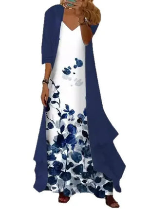 Independent Stand Floral Print Women's Dress Two-Piece Set Short Sleeve Ankle-Length Polyester Fiber Regular Waist Line