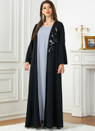 2024 New Saudi Arab Casual Loose Black Floral Beading Draped Open Kimono Abaya Jalabiyat Moroccan Turkish Borka Women Clothing