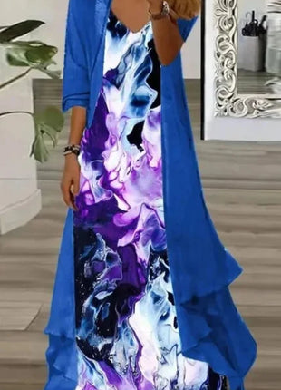 Independent Stand Floral Print Women's Dress Two-Piece Set Short Sleeve Ankle-Length Polyester Fiber Regular Waist Line