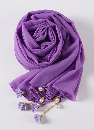Fashion Flowers Pearl Tassel Chiffon Long Scarf Hijabs Elegant Womens Party Turban Headwear Solid Color Headscarf Shawls Scarves