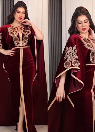 Ramadan Luxury Muslim Fashion Bat Sleeve Moroccan Turkiye Dubai Dress Middle East Arab Dress Sequins Golden Velvet Long Dress