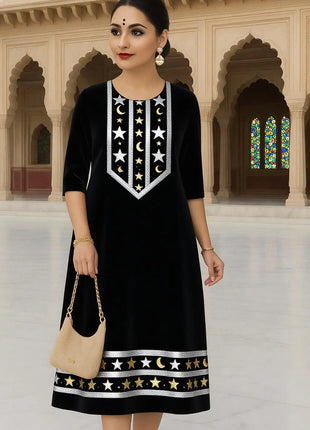 Muslim 2026 Women's Kurtta Fashionable And Elegant Straight Tube Casual Slit hem Pattern Women Dress Turkish Abaya