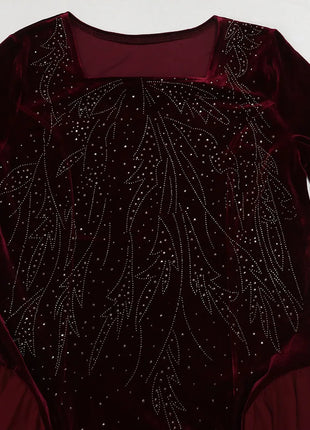 Women Dubai Arab Muslim Velvet Chiffon Splicing Diamond Evening Dress Jalabia Women's Clothing Abaya Robe