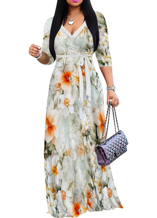 Floral V-Neck Wrap Dress - Tie Waist Flowy Midi Dress, Boho Summer Dress for Women