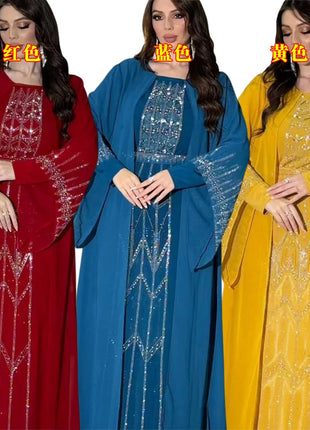 Eid Muslim Party Dress for Women Fake 2 Piece Diamond Ramadan Abaya Belt Flare Sleeve Kaftan Vestidos Largos Dubai Robe Jalabiya