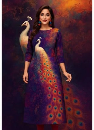 Muslim Women's Kurt Fashionable And Elegant Long Sleeved Straight Tube Casual Kurtta Peacock Pattern Kaftan Marroqui Slit hem